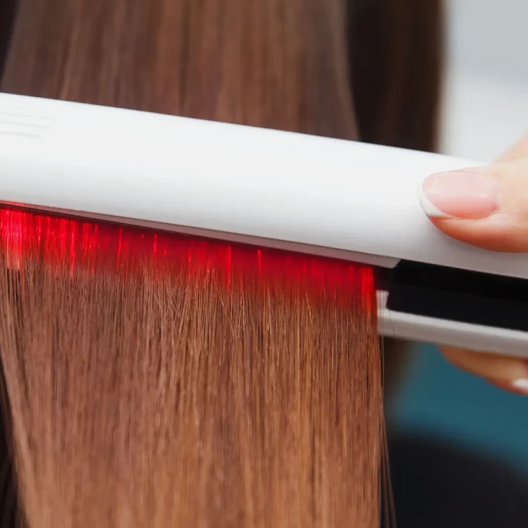 Keratin recovery hair and protein treatment pile with professional ultrasonic iron tool. Concept straighten hair